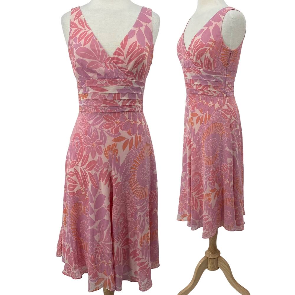 Y2k 100% Silk floral Dress Floral Pattern Fit & Flare V Neck Pink Womens 6